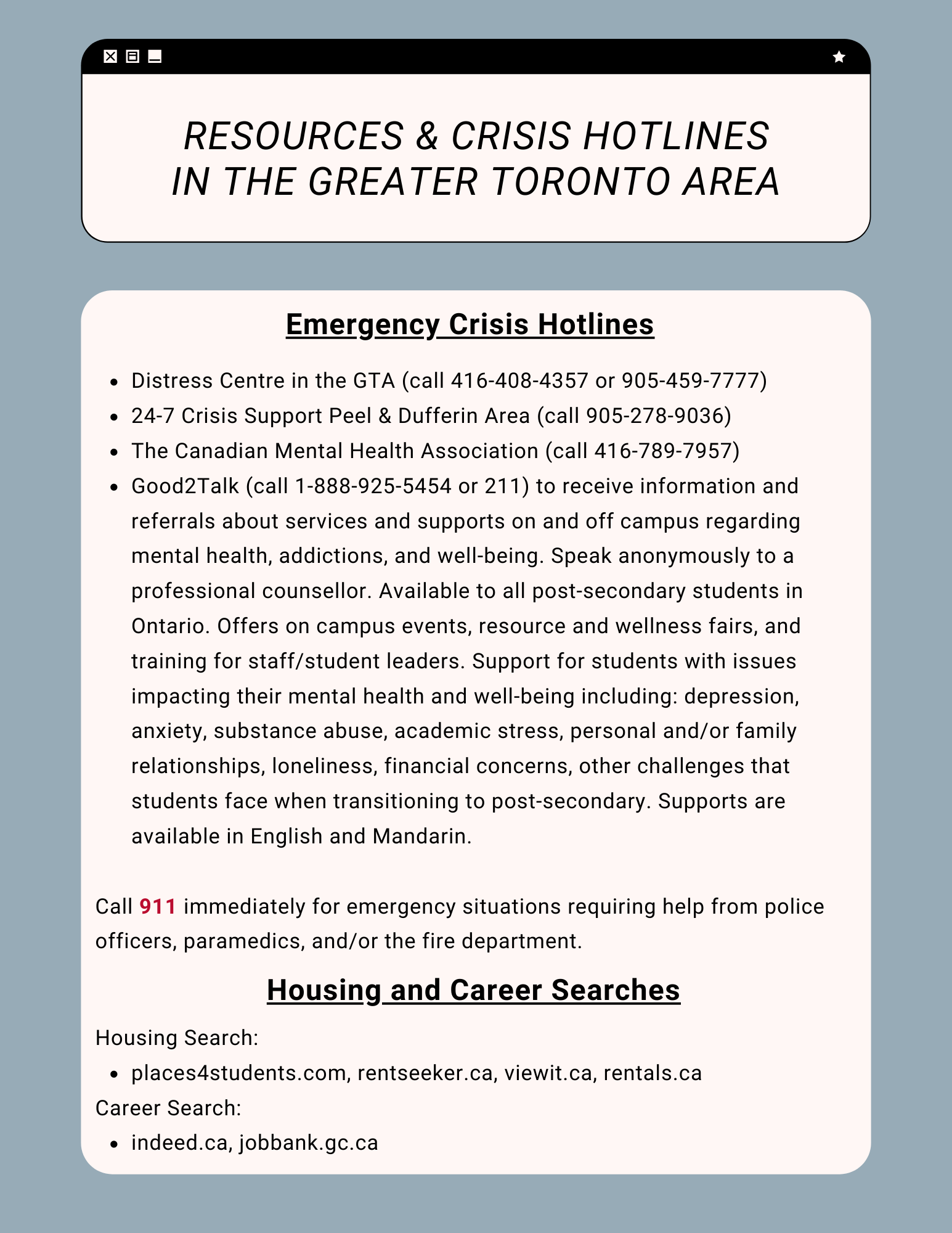 Resources and Crisis Hotlines in the GTA
